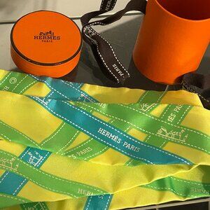 Authentic HERMES Twilly Silk Scarf Yellow, Blue & Green Bolduc Ribbon w/ Box